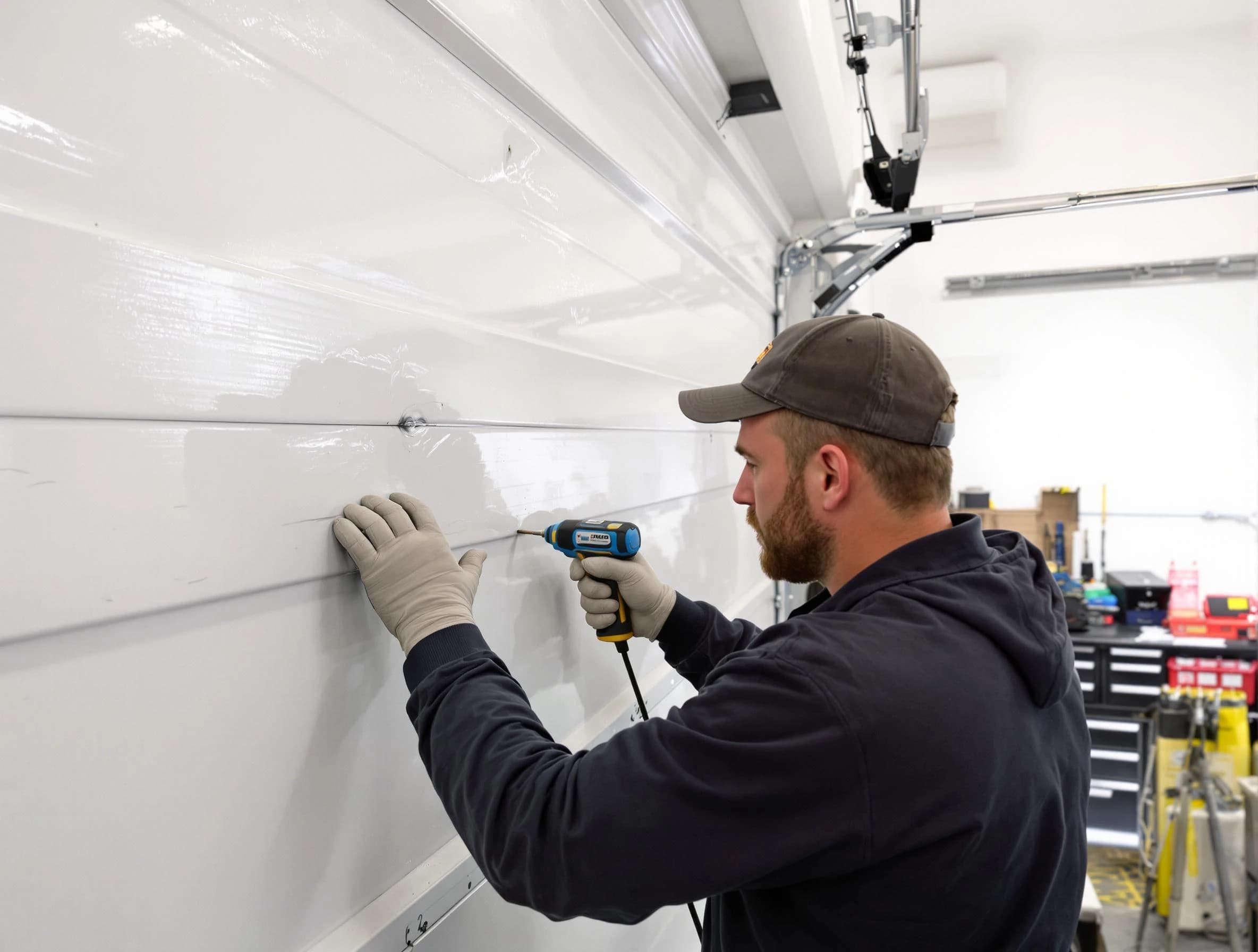 Atlanta Garage Door Repair technician demonstrating precision dent removal techniques on a Atlanta garage door
