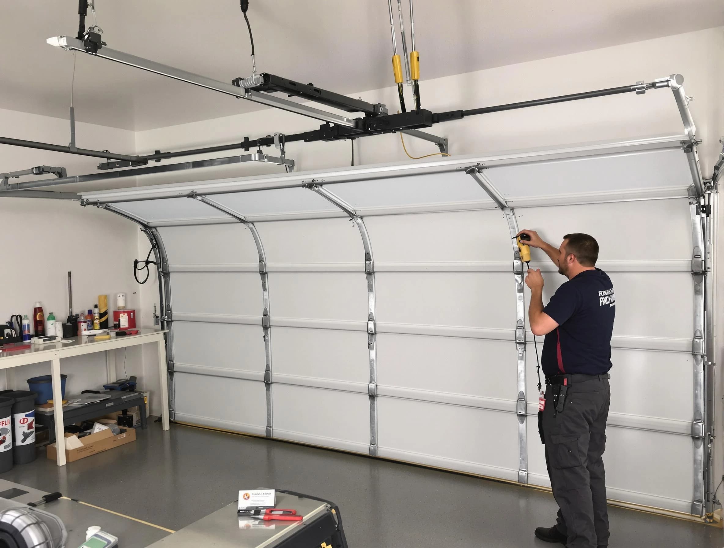 Atlanta Garage Door Repair certified technician performing overhead door system repair in Atlanta