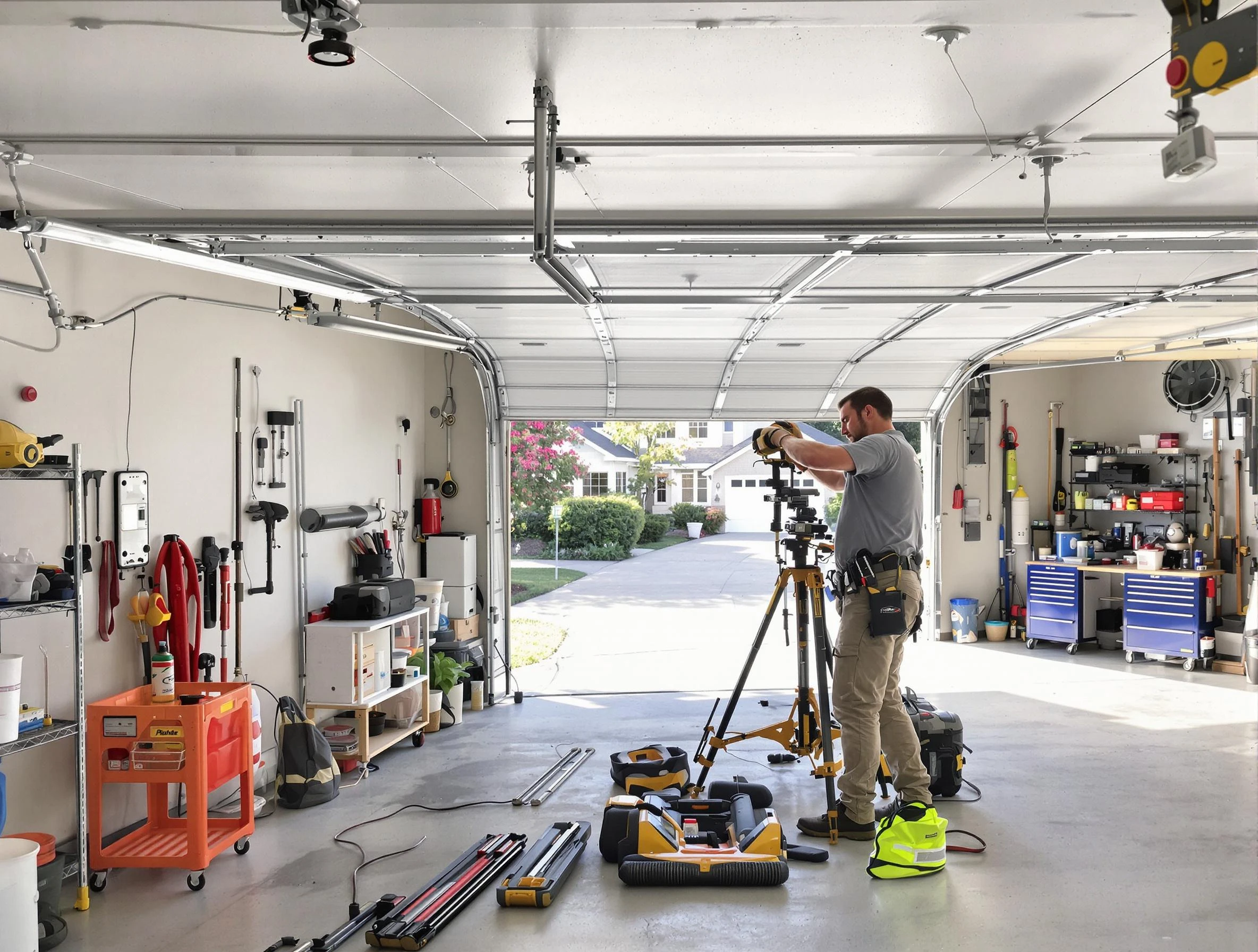 Atlanta Garage Door Repair specialist performing laser-guided track alignment in Atlanta